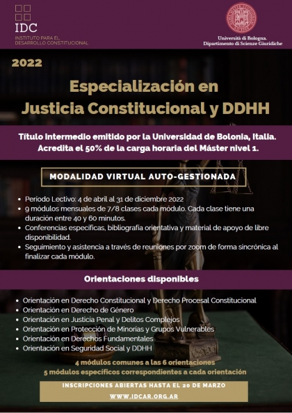 Abierta la inscripción para la tercera cohorte de la Especialización en Justicia Constitucional y Derechos Humanos