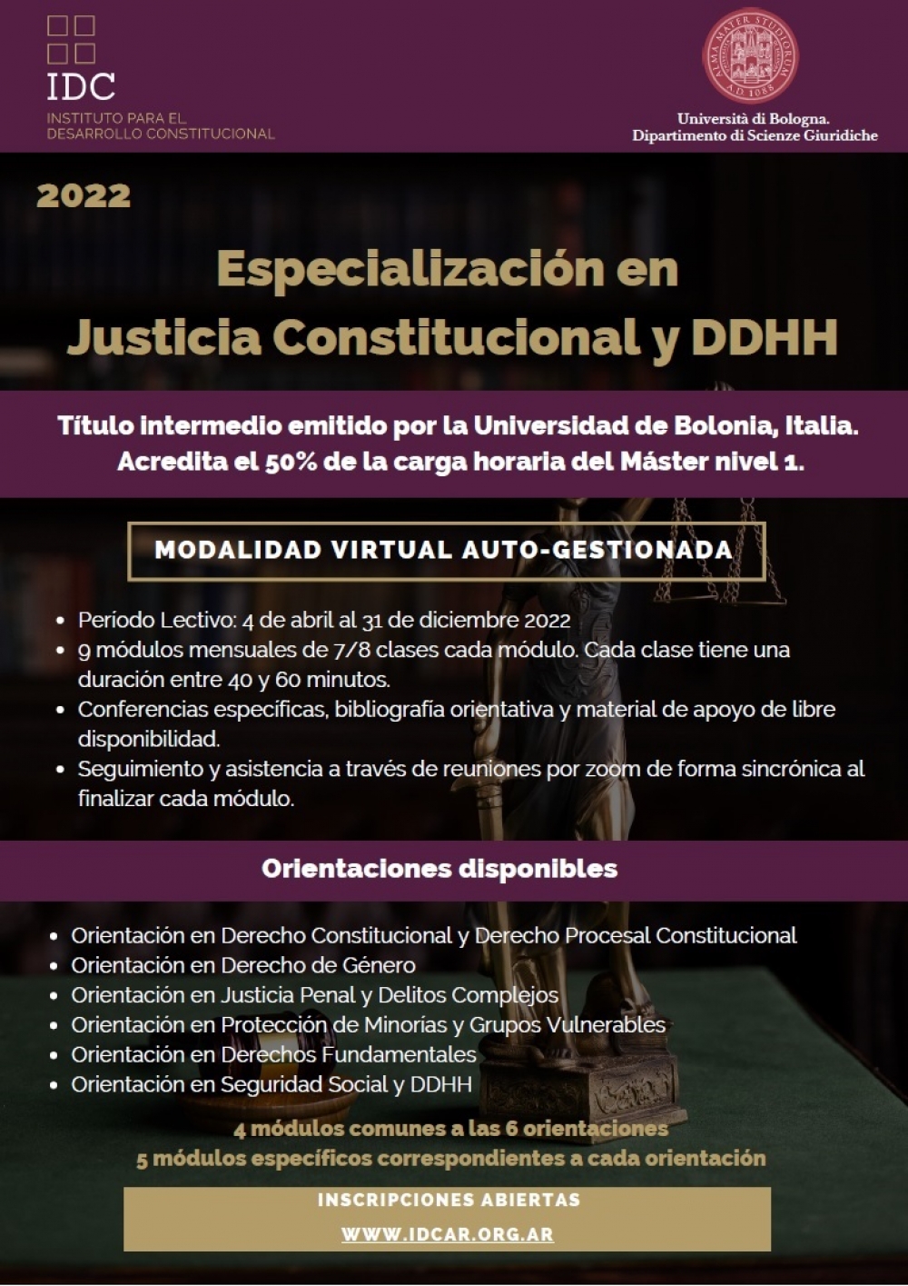 Especialización en Justicia Constitucional y Derechos Humanos: inscripción abierta para seis orientaciones