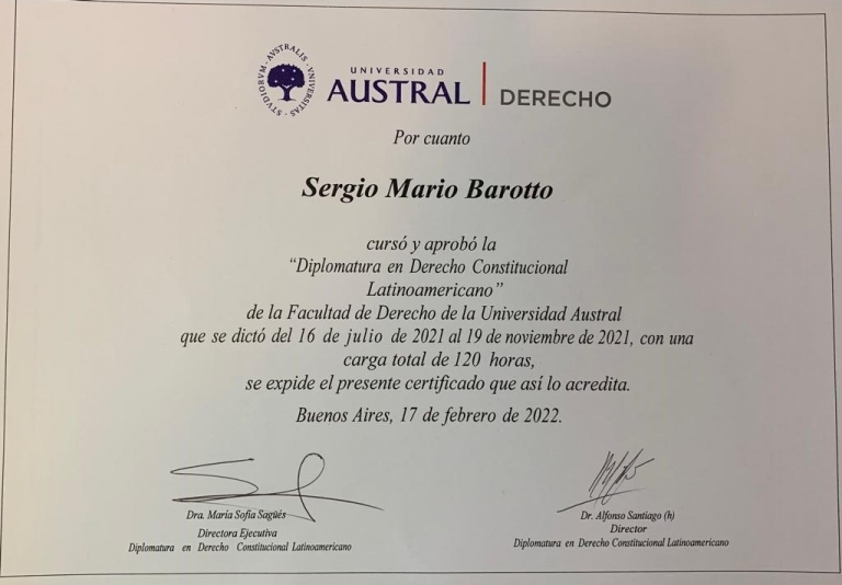 El juez Barotto recibió el título como Diplomado en Derecho Constitucional Latinoamericano